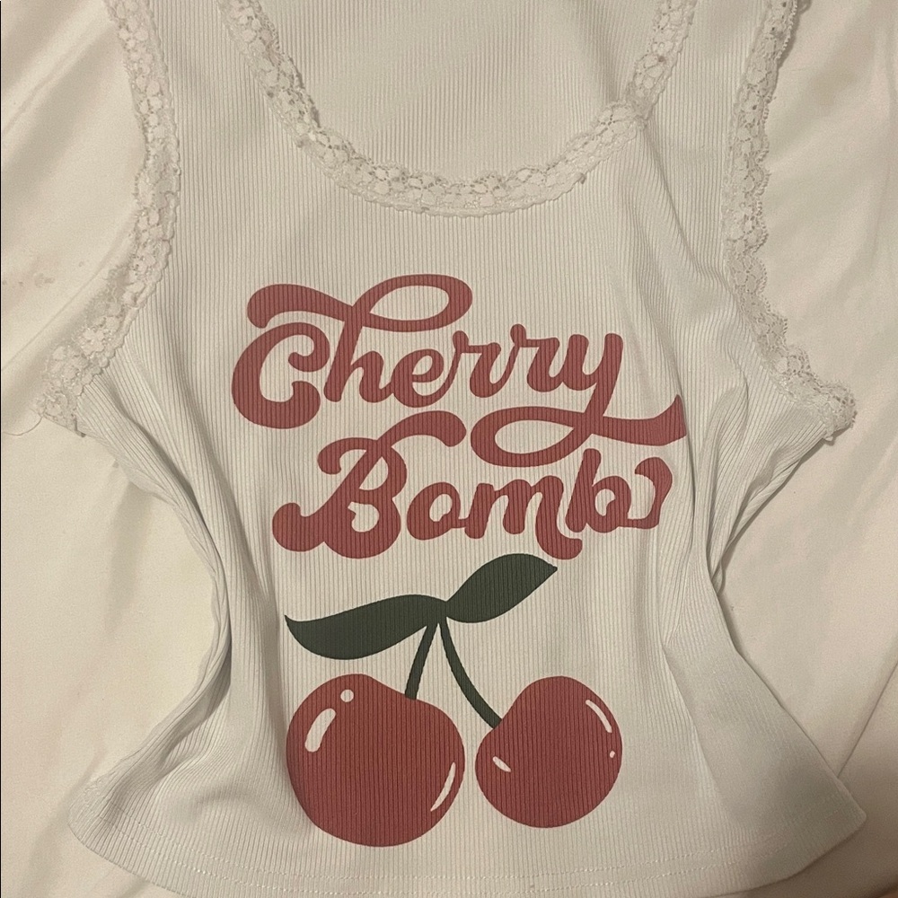 White Tank Top with Cherry Bomb Print